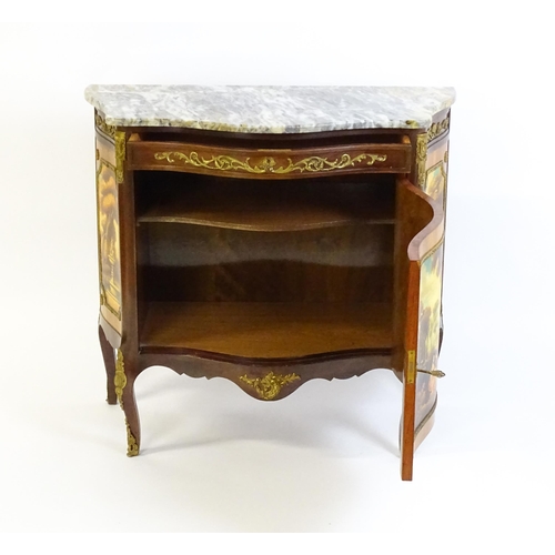 1600 - A mid / late 20thC French marble topped cabinet with a single long frieze drawer above painted scene... 