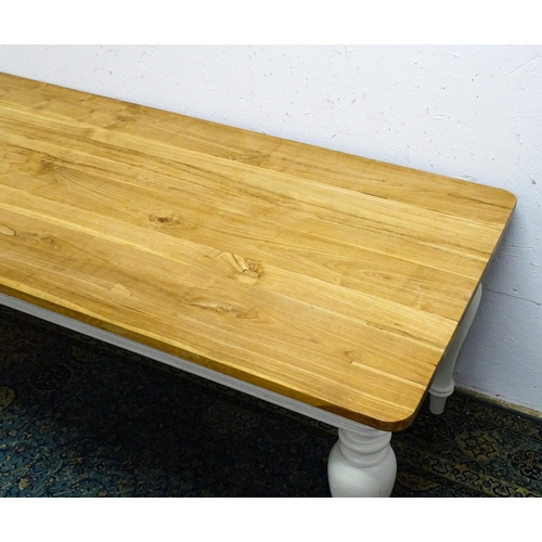 1615 - A late 20thC dining / refectory table with a planked top above a painted base and four baluster turn... 