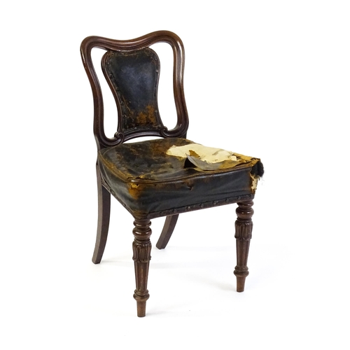 1637 - A 19thC mahogany side chair with a moulded and shaped backrest, vase shaped back splat and a leather... 