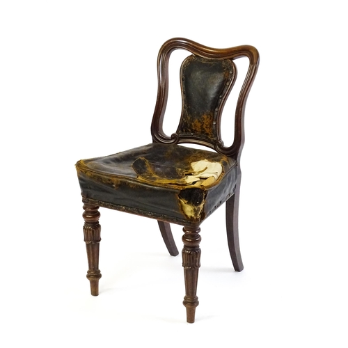 1637 - A 19thC mahogany side chair with a moulded and shaped backrest, vase shaped back splat and a leather... 