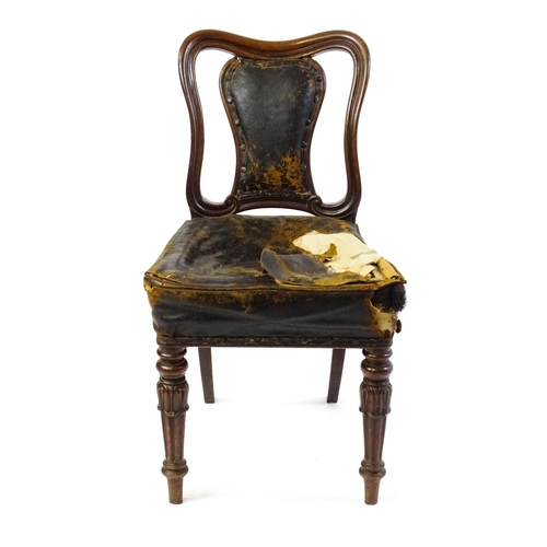 1637 - A 19thC mahogany side chair with a moulded and shaped backrest, vase shaped back splat and a leather... 