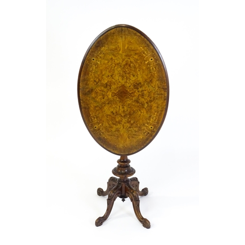 1650 - A late 19th / early 20thC walnut occasional table with an oval burr walnut top and a satinwood marqu... 