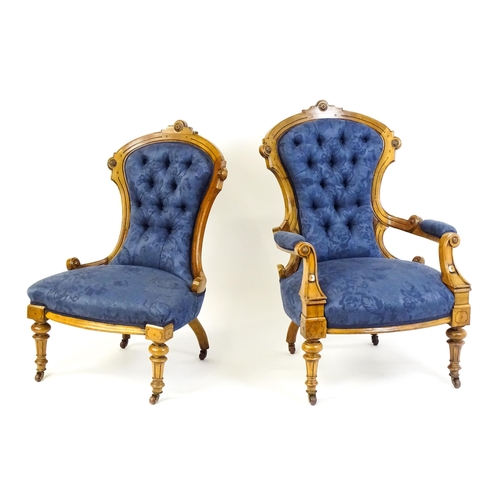 1679 - Two Victorian walnut chairs a fluted frame, carved rosettes and deep buttoned backrests above sprung... 