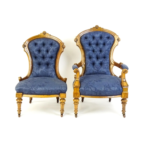 1679 - Two Victorian walnut chairs a fluted frame, carved rosettes and deep buttoned backrests above sprung... 