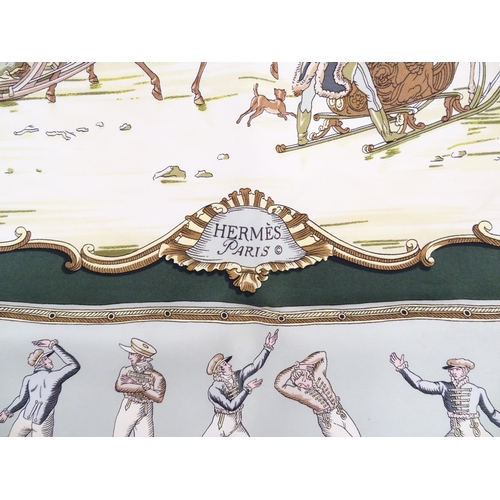 1091 - Vintage fashion / clothing: A boxed Hermes green silk 'Les Plaisirs du Froid' scarf by Hugo Grykar. ... 