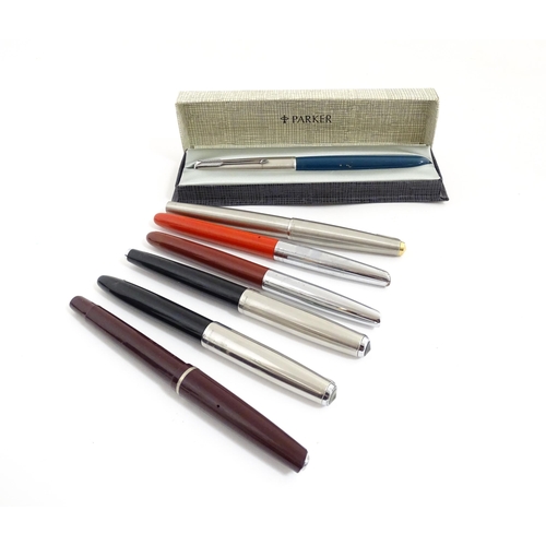 1220A - A quantity of fountain pens, comprising three Parker pens (including boxed Parker 51 model with 14k ... 