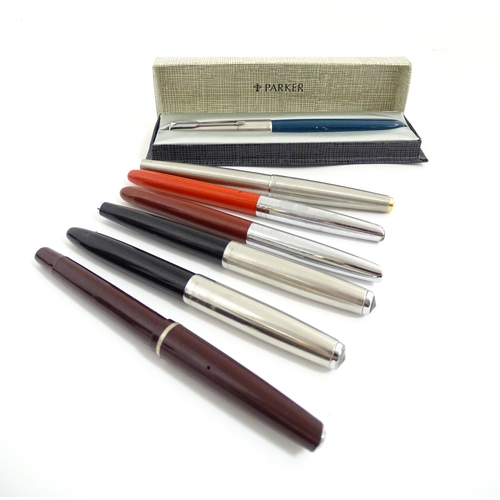 1220A - A quantity of fountain pens, comprising three Parker pens (including boxed Parker 51 model with 14k ... 