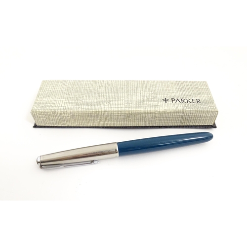 1220A - A quantity of fountain pens, comprising three Parker pens (including boxed Parker 51 model with 14k ... 