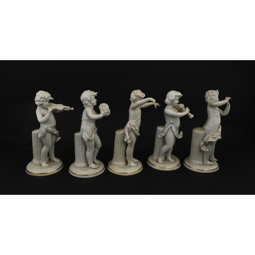 200 - Five Continental Classical putto figures with musical instruments. Approx. 6