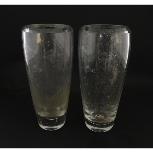 204 - A pair of Whitefriars glass vases each with engraved fish and reed decoration designed by Geoffrey B... 