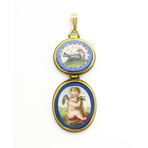 838 - An Italian Grand Tour micro mosaic pendant set with two oval vignettes one depicting a cherub the ot... 