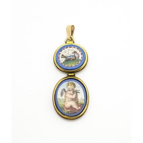 838 - An Italian Grand Tour micro mosaic pendant set with two oval vignettes one depicting a cherub the ot... 