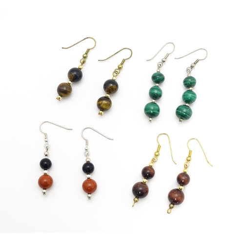 841 - Four assorted pairs of drop earrings set with bead decoration to include tigers eye, malachite etc. ... 