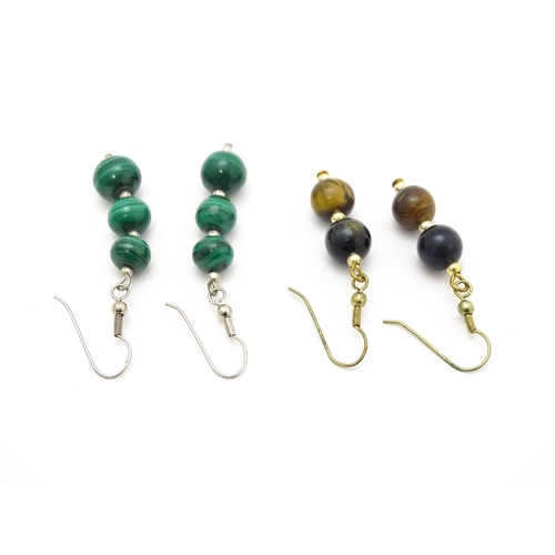 841 - Four assorted pairs of drop earrings set with bead decoration to include tigers eye, malachite etc. ... 