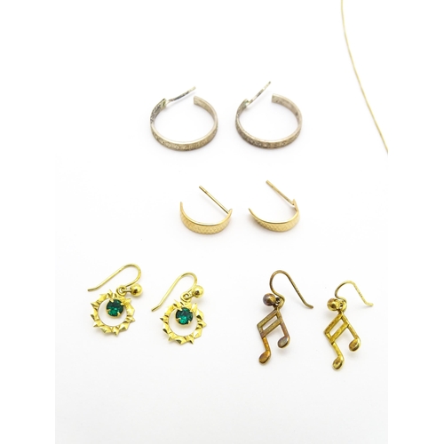 844 - A quantity of assorted gold, yellow metal and silver drop earrings, a gilt metal pendant and a 9ct g... 