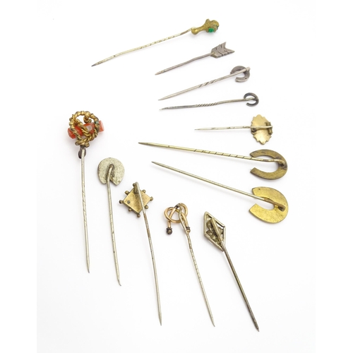 870 - Twelve assorted stick pins to include examples with horse shoe finials, micro mosaic detail, etc. To... 