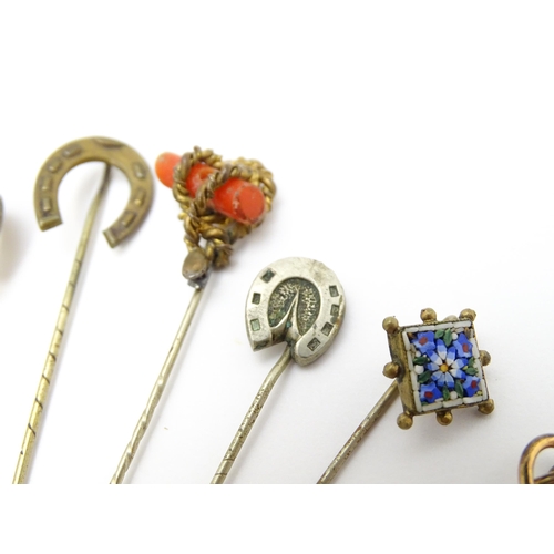 870 - Twelve assorted stick pins to include examples with horse shoe finials, micro mosaic detail, etc. To... 