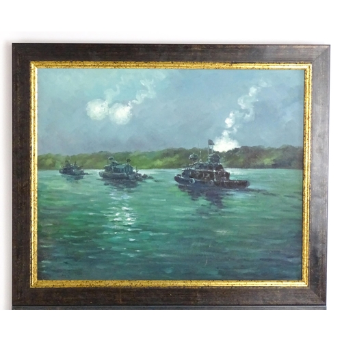 1765 - 20th century, American Marine School, Oil on canvas, A pair, A coastal scene with a U. S. Navy boat ... 