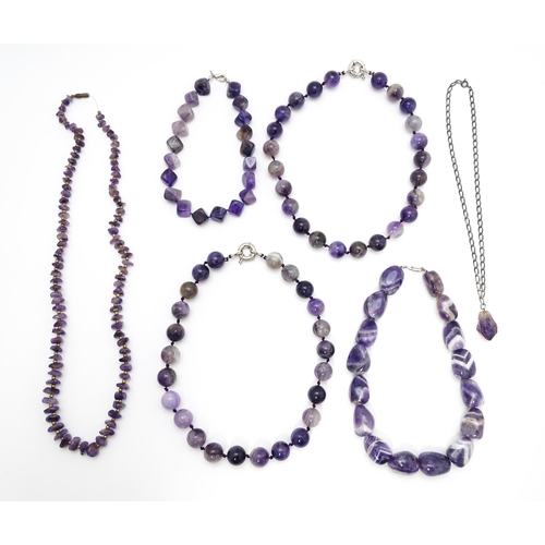 896 - Assorted amethyst hardstone bead necklaces. Longest approx. 28