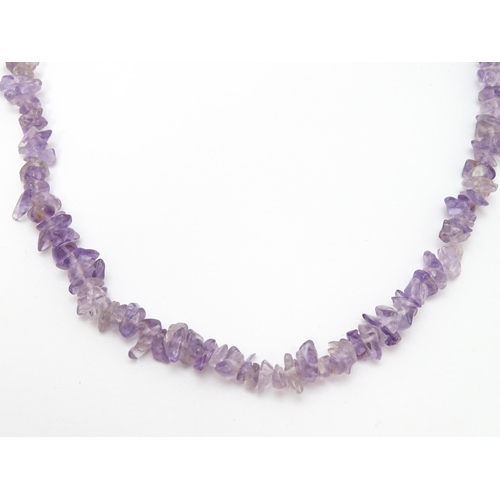 899 - Four amethyst chip bead necklaces. Approx. 36