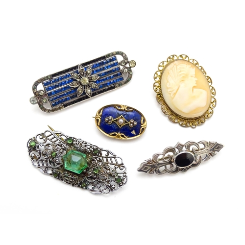 906 - Assorted brooches, etc. to include a gold brooch with enamel and seed pearl detail, a .935 silver br... 