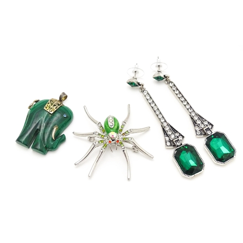 916 - A malachite pendant modelled as an elephant with silver mounts, a pair of Art Deco style drop earrin... 