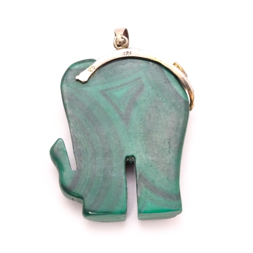 916 - A malachite pendant modelled as an elephant with silver mounts, a pair of Art Deco style drop earrin... 