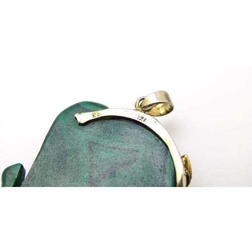 916 - A malachite pendant modelled as an elephant with silver mounts, a pair of Art Deco style drop earrin... 