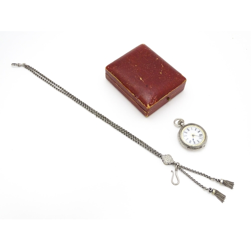 925 - A Swiss silver cased pocket / fob watch with white enamel dial and Roman numerals. Together with a w... 