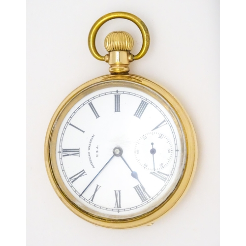 926 - A gold plated Waltham side wind pocket watch, the white enamel dial with subsidiary seconds dial sig... 