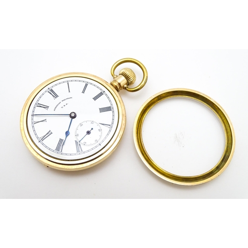 926 - A gold plated Waltham side wind pocket watch, the white enamel dial with subsidiary seconds dial sig... 