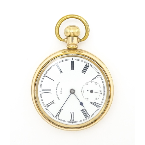 926 - A gold plated Waltham side wind pocket watch, the white enamel dial with subsidiary seconds dial sig... 