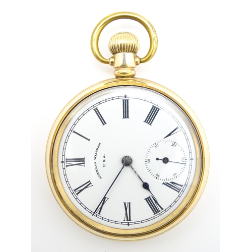 926 - A gold plated Waltham side wind pocket watch, the white enamel dial with subsidiary seconds dial sig... 