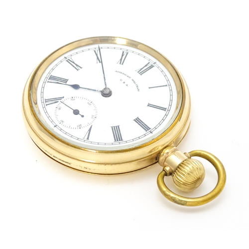 926 - A gold plated Waltham side wind pocket watch, the white enamel dial with subsidiary seconds dial sig... 