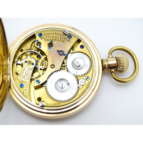 926 - A gold plated Waltham side wind pocket watch, the white enamel dial with subsidiary seconds dial sig... 