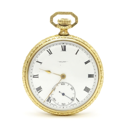 928 - An ' Akurit ' gold plated open face top wind pocket watch. Swiss made. The case made by Illinois Wat... 