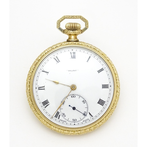 928 - An ' Akurit ' gold plated open face top wind pocket watch. Swiss made. The case made by Illinois Wat... 