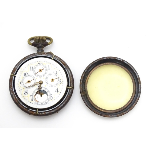 929 - An open faced calendar pocket watch, the enamel dial having four subsidiary dials for month, day, da... 