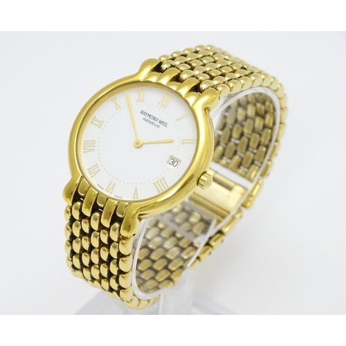 934 - A Raymond Weil gold plated stainless steel quartz bracelet wristwatch, the white dial with Roman num... 