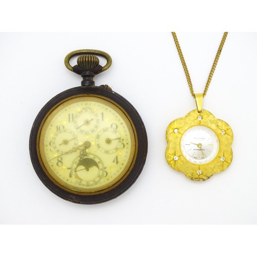 929 - An open faced calendar pocket watch, the enamel dial having four subsidiary dials for month, day, da... 