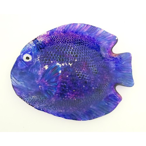 226 - Three glass fish formed plates to include a blue glass example, one with orange and mottled detail a... 