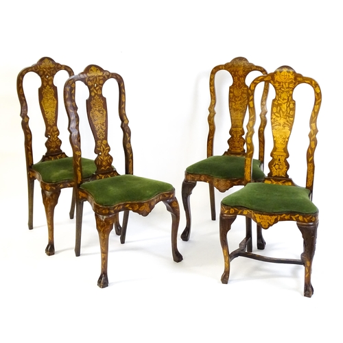 1546 - A group of late 19thC and early 20thC marquetry inlaid side chairs in the George I style, having sat... 