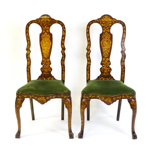 1546 - A group of late 19thC and early 20thC marquetry inlaid side chairs in the George I style, having sat... 