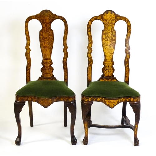 1546 - A group of late 19thC and early 20thC marquetry inlaid side chairs in the George I style, having sat... 