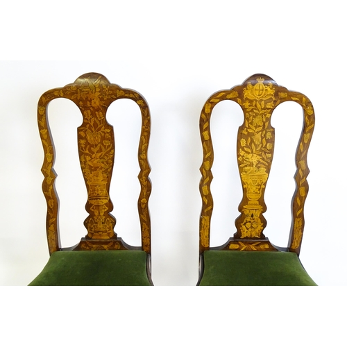 1546 - A group of late 19thC and early 20thC marquetry inlaid side chairs in the George I style, having sat... 