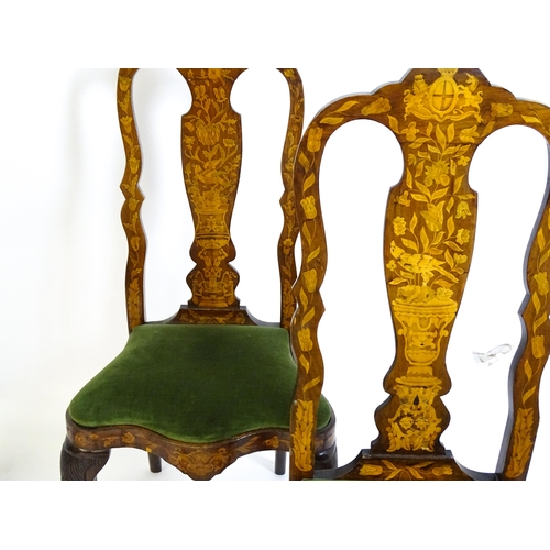 1546 - A group of late 19thC and early 20thC marquetry inlaid side chairs in the George I style, having sat... 