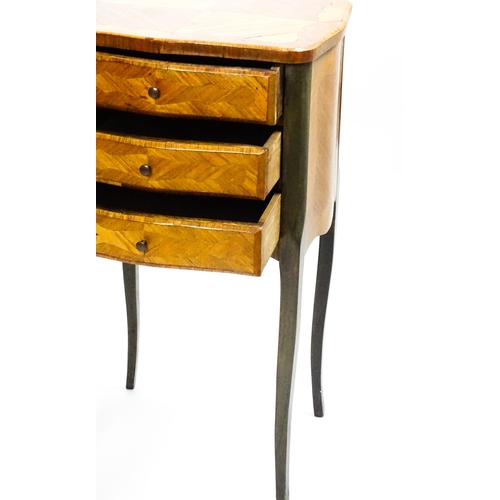 1569 - An early 20thC Kingwood bedside table with three short drawers raised on cabriole legs. 16