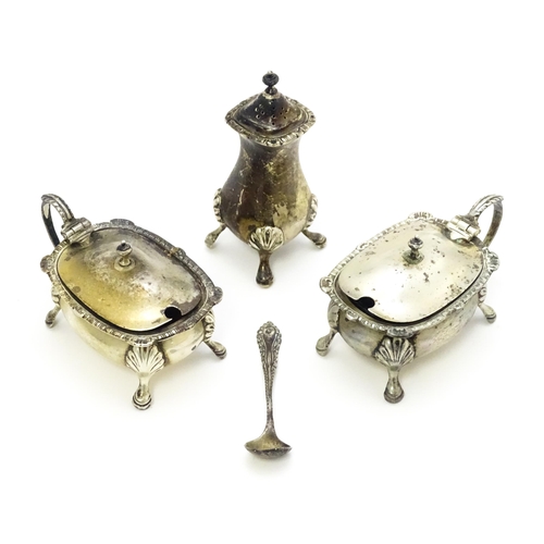 350A - Three silver cruet items comprising pepper, and two mustard pots with a spoon, hallmarked Birmingham... 