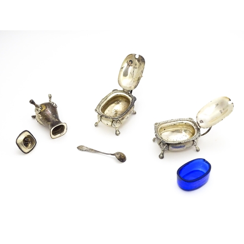 350A - Three silver cruet items comprising pepper, and two mustard pots with a spoon, hallmarked Birmingham... 