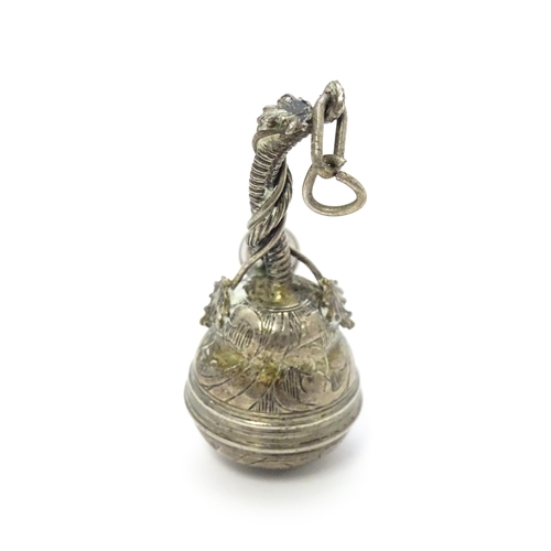 386 - A late 18th /  early 19thC white metal pomander pendant of shaped form with acorn formed drop, unscr... 